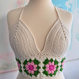 Crochet Halter Top Pattern PDF &Video Tutorial , Floral Granny Square Bralette, Boho Cottagecore Top