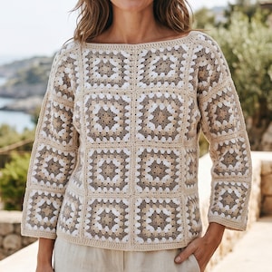 Boho Cozy Granny Square Top Crochet Pattern & Video, Soft Neutral Patchwork Pullover, Easy Sweater