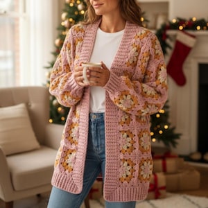 Christmas Granny Square crochet cardigan pattern women: Beginner sweater, cozy handmade patchwork jacket, S-XL