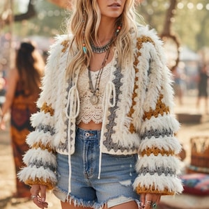 Boho Fransen häkeln Oma Hexagon Cardigan Muster & Video, Shaggy Jacke, Festival Outfit Pullover