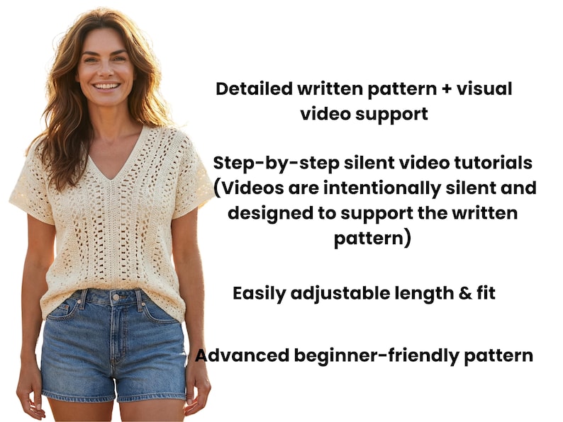 Puede incluir: Una mujer con un top de crochet crema de manga corta y cuello en V y pantalones cortos de mezclilla. El texto en el lado derecho de la imagen dice: "Patr&oacute;n escrito detallado + soporte de video visual", "Tutoriales de video silenciosos paso a paso".