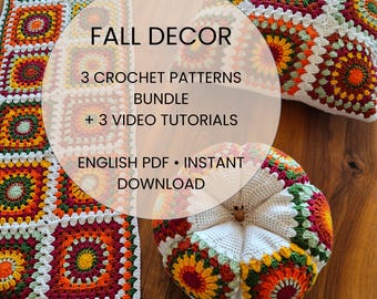 Fall Crochet Patterns Bundle, Table Runner, Pillow & Pumpkin PDF, Granny Square Home Decor