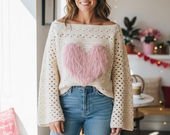 Valentine’s Day Heart Granny Square Sweater Pattern & Video, Cozy Hygge Top, Romantic Oversized Pullover