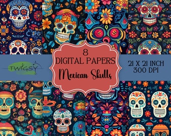 8 Seamless Beautiful Mexican Styled Skulls Clipart Commercial Use Vibrant Colors Skulls PNG