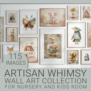 Op de afbeelding: Een verzameling van 115 aquarel illustraties voor de decoratie van kinderkamers en kinderopvang. De afbeeldingen tonen fantasievolle dieren, bloemen en huizen in een zachte kleurenpalet.