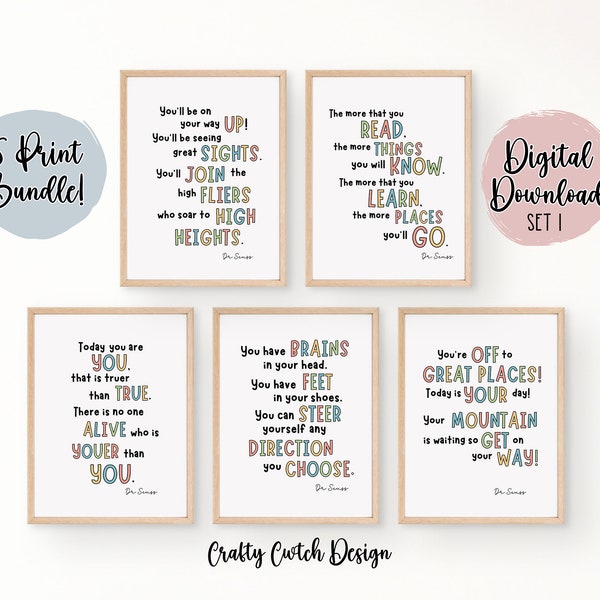 Dr Seuss, Book Quotes BUNDLE SET 1 - 5 Digital Prints - Children, Nursery, Baby, Home, Printable Download