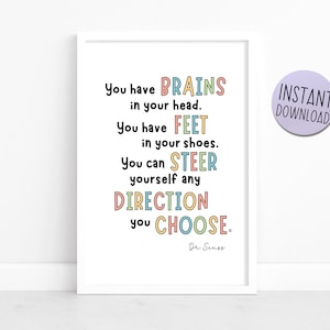 Dr. Seuss - "You Have Brains" - Buchzitat, Regenbogenfarben - Perfekt für Kinder, Kindergarten, Schule, Klassenzimmer, printable Download A4 Poster