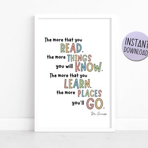 Dr Seuss - "Cuanto más leas" - Cita del libro, Colores del arco iris - Perfecto para niños, guardería, aula escolar, descarga imprimible Póster A4