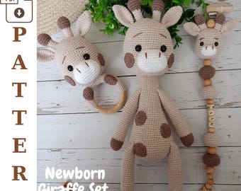 Crochet Newborn Giraffe Set Pattern, Giraffe Amigurumi Toy-Rattle-Pacifier Chain, English(ABD) Version PDF Pattern, 3 Patterns together