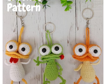 Crochet Frog-Chick-Rooster Keychain Pattern~Amigurumi Crazy Eyes FarmAnimals~Crochet your Own Frog Rooster Buddy~Small Crochet Gifts~English