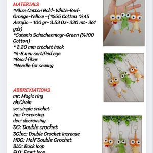 May include: Image of crochet keychain patterns. The image shows three crochet frog keychains in different colors. The keychains are green, orange, and white. The image also includes a list of materials and abbreviations for crochet.