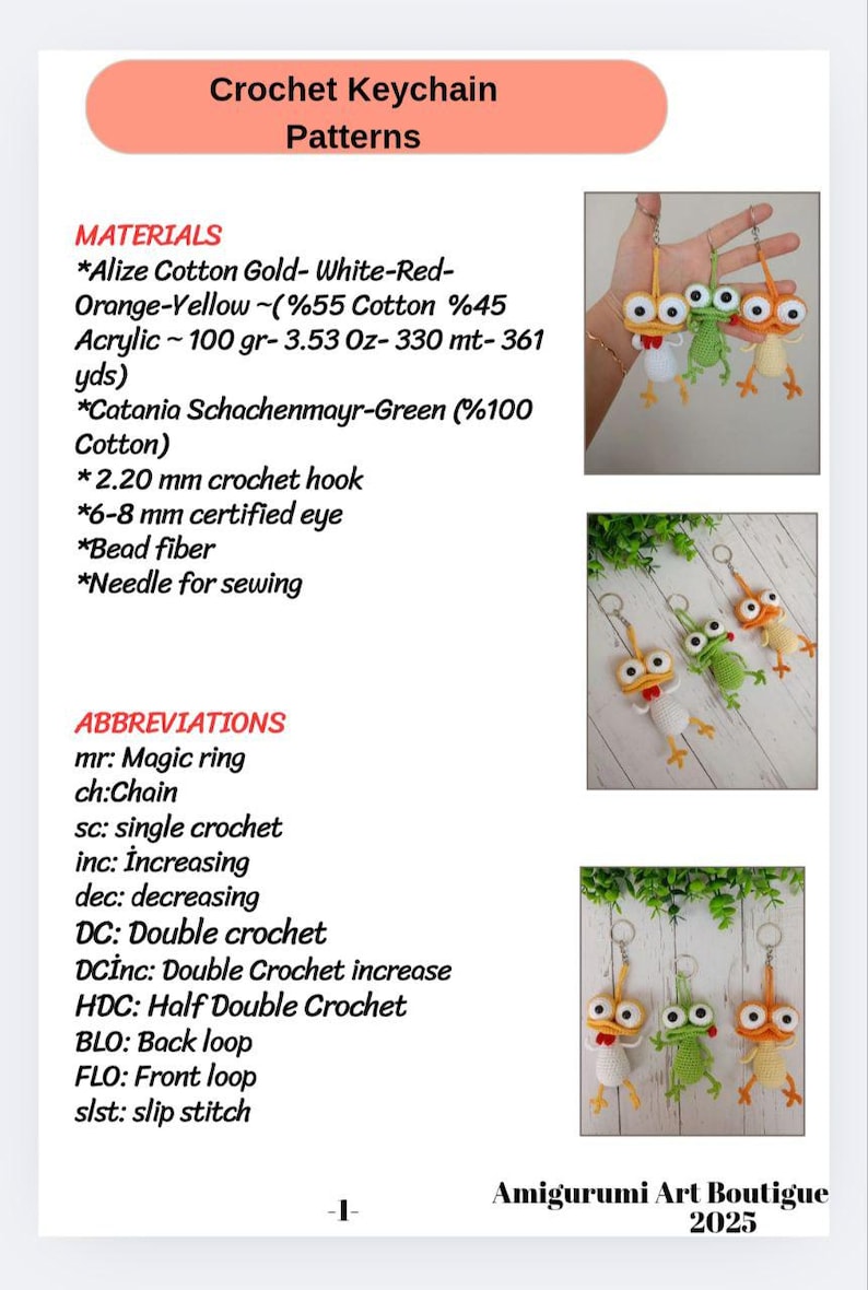 May include: Image of crochet keychain patterns. The image shows three crochet frog keychains in different colors. The keychains are green, orange, and white. The image also includes a list of materials and abbreviations for crochet.