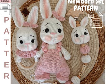 Newborn Rabbit Set Pattern, 3 Patterns in one, Crochet Newborn Set Pattern, Crochet Rabbit, Pacifier Chain, Rattle Pattern, Crochet Pattern