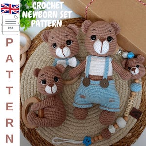 Patrón de conjunto de osito de crochet para recién nacido - Patrón de conjunto de osito de crochet para recién nacido - 4 patrones en uno - Patrón de sonajero de cadena de chupete de osito de crochet - Patrón de osito de crochet