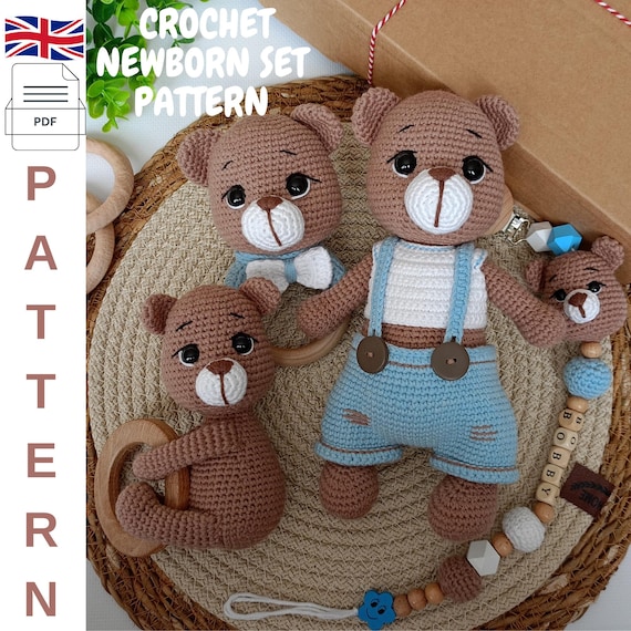 Crochet Bear Newborn Set Pattern- Newborn Bear Set Pattern-4 Patterns in one-Crochet Bear-Pacifier Chain-Rattle Pattern-Crochet Bear Pattern