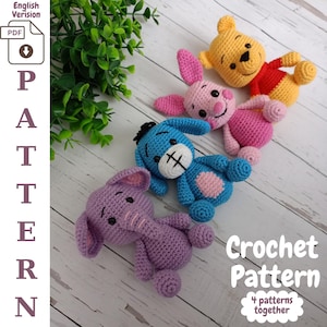 Patrón de ganchillo: Cerdito, Elefante, Burro, Oso ~ Lindos patrones de llaveros de animales ~ Patrón fácil ~ Llavero para bolso ~ Decoración para coche