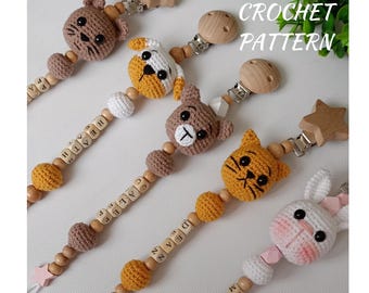 Crochet Animal Pacifier Chains Pattern, Personalized Dummy Clip, English (PDF Download)