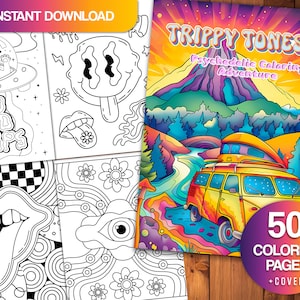 May include: A psychedelic coloring book cover with a yellow van driving through a colorful landscape. The title of the book is "Trippy Tones II: Psychedelic Coloring Adventure" and it features 50 coloring pages plus a cover.