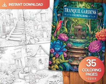 Tranquil Gardens Coloring Book: 35 Detailed Garden Landscapes (Digital Download)