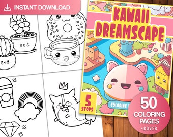 Kawaii Dreamscape Coloring Book: Chibi Pets, Food, Plants (Digital Download)