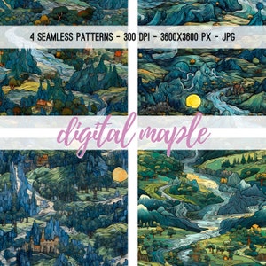 Fantasy Seamless Middle Earth Pattern, Impressionist Digital Paper, Repeat Pattern For Fabric Sublimation and Scrapbooking, commercial use