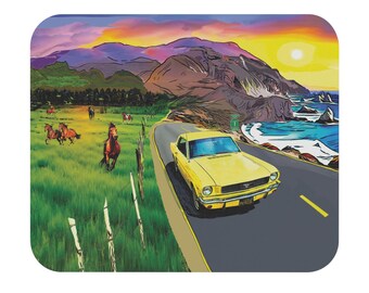 Mustang Racing Mouse Pad, Big Sur California Coastal Highway, Rectangle Mat for Office Desk, Vintage Car Gaming Accessory, Ford Lover Gift