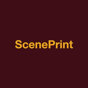 May include: A logo for a company called "ScenePrint" in a yellow font on a dark red background.