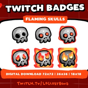 Flaming Skull Doodle Sub/Bit Badges for Twitch Streamers | Instant Download