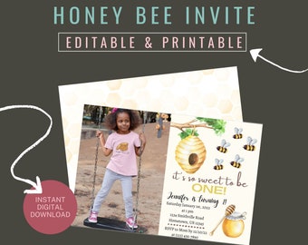 Honey Bee Party Photo Invite | Editable Bee Birthday Photo Invitation | So Sweet 1st Birthday Party Invite | Bee-Day First Birthday