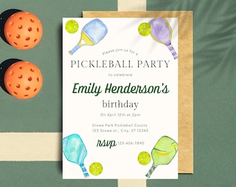 May include: A white invitation card with a green border, featuring a watercolor illustration of pickleball paddles and balls. The text reads "Please join us for a Pickleball Party to celebrate Emily Henderson's birthday on April 12th at 2pm at Stowe Park Pickleball Courts, 123 Stowe st., City, ST 12345. RSVP 123-456-7890."