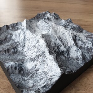 Puede incluir: Un modelo impreso en 3D de una cordillera, pintado en tonos de gris y blanco. El modelo está hecho de un material texturizado y tiene un aspecto realista.