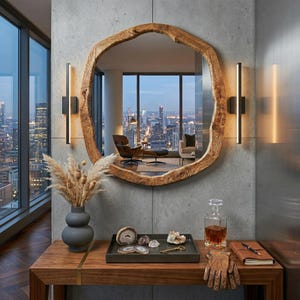 May include: A large, oval wooden mirror with a natural edge hangs on a concrete wall. Below, a wooden table displays a vase of dried flowers, a tray with crystals and agate slices, a decanter, a leather journal, and gloves. Two wall sconces flank the mirror.