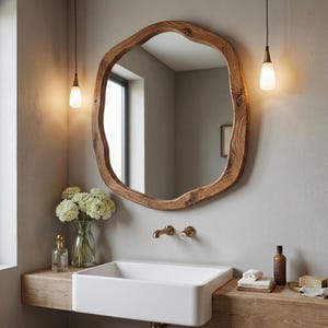 May include: A large, irregularly shaped wooden mirror hangs above a white rectangular sink. The mirror's frame has a natural, organic edge. Two pendant lights with teardrop-shaped bulbs hang above the sink. A vase of white flowers and brass fixtures complete the bathroom scene.