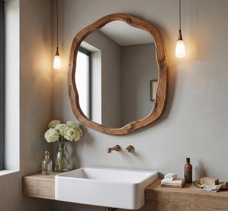 May include: A large, irregularly shaped wooden mirror hangs above a white rectangular sink. The mirror's frame has a natural, organic edge. Two pendant lights with teardrop-shaped bulbs hang above the sink. A vase of white flowers and brass fixtures complete the bathroom scene.