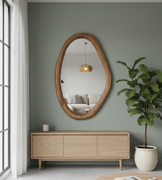 Asymmetric Organic Mirror Handmade Wood Framed Wall Decor Mid Century Modern Bathroom