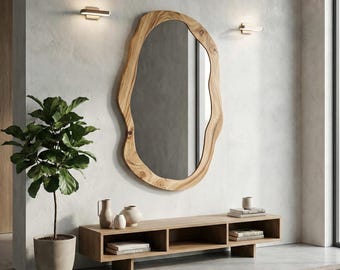 Wooden Mirror, Unique Entryway Decor, Modern Bathroom Vanity Mirror