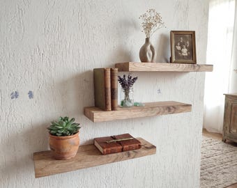 Conjunto de 3 Prateleiras Flutuantes Rústicas de Madeira, Prateleira de Parede em Estilo Relevo, Prateleira de Madeira Grossa,