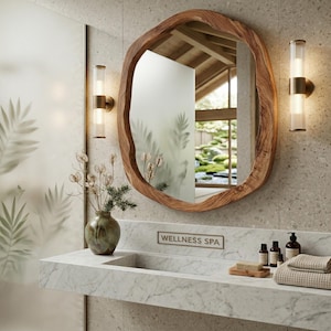 May include: A bathroom with a large, organic wooden mirror. Two wall lights with glass tubes are either side of the mirror. A marble countertop holds a sink, toiletries, and a vase with dried flowers. The text "WELLNESS SPA" is visible.