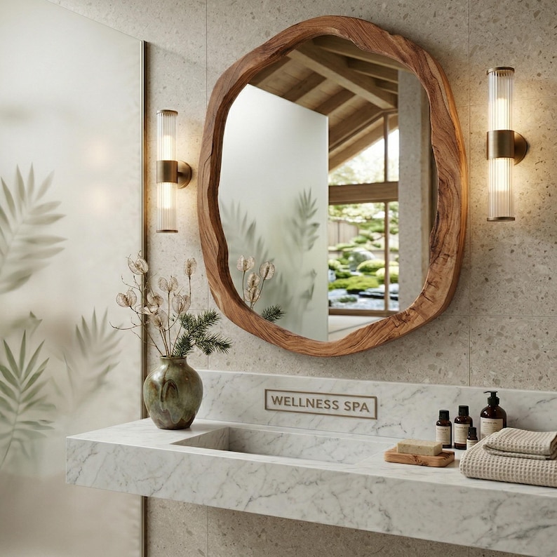 May include: A bathroom with a large, organic wooden mirror. Two wall lights with glass tubes are either side of the mirror. A marble countertop holds a sink, toiletries, and a vase with dried flowers. The text "WELLNESS SPA" is visible.