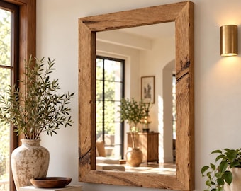 Rustic Wood Wall Mirror, Reclaimed Timber Frame, Large Farmhouse Entryway Decor, Natural Rectangle