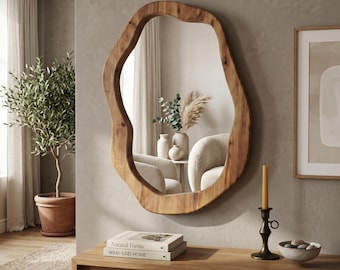 Organic Wood Mirror, Asymmetrical Wall Mirror, Wabi Sabi Bathroom Decor, Handmade Wooden Mirrors,