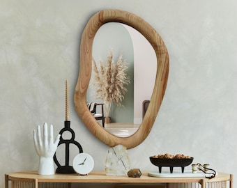 Espejo asimétrico artesanal – Marco de madera maciza orgánica, decoración de pared rústica bohemia moderna