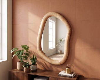 Asymmetrical Wooden Mirror, Irregular Modern Mirror, Japandi Statement Decor, Handmade Entryway Vanity Mirrors