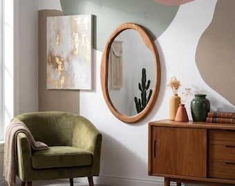 White Oak Oval Mirror, Wood Frame, Mid Century Style, Asymmetrical Mirrors