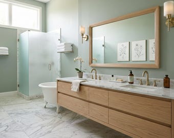 Espejo de baño grande de roble – Espejo de tocador horizontal – Marco de madera maciza – Decoración de baño escandinava de lujo