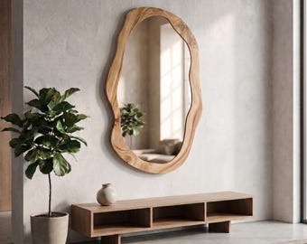 Large Organic Mirror, Irregular Wall Mirror, Solid Wood Vanity Mirrors, Modern Statement Home Decor