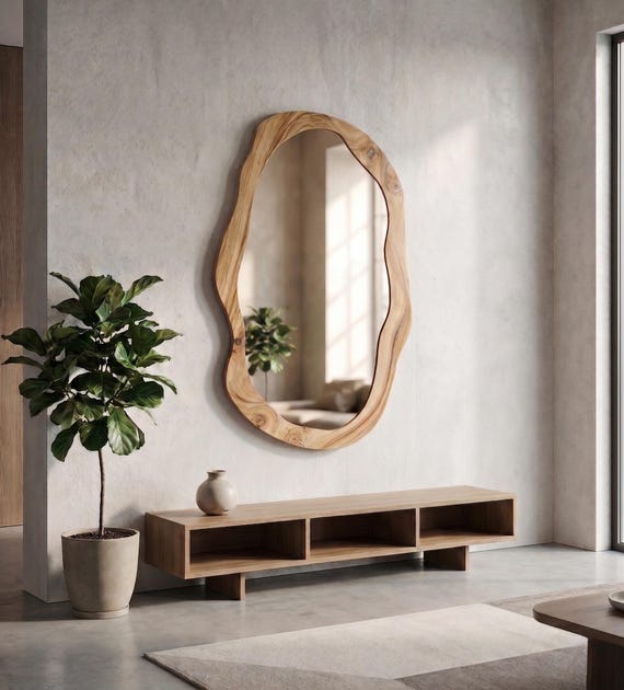Large Organic Mirror, Irregular Wall Mirror, Solid Wood Vanity Mirrors, Modern Statement Home Decor