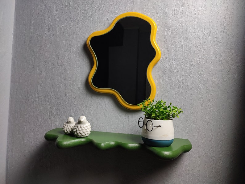 Colorful Shelf and Mirror Set , Unique Mirror, Floating Shelf, Wavy Shelf and Mirror Set. image 9