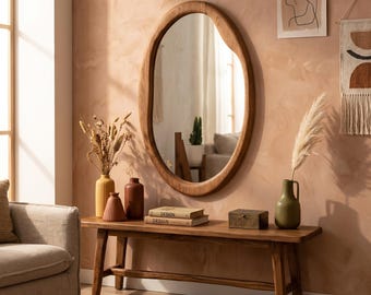 Asymmetrical Wood Mirror, Modern Statement Mirrors, Japandi Entryway Decor, Irregular Vanity Mirror