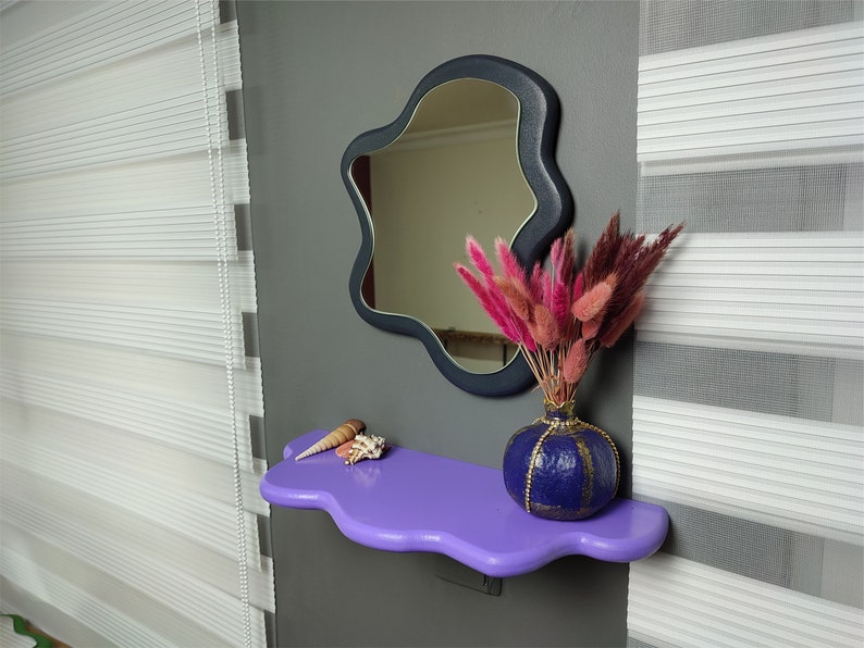 Colorful Shelf and Mirror Set , Unique Mirror, Floating Shelf, Wavy Shelf and Mirror Set. image 5